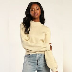 Lulus Sparkling Mock Neck Cropped Sweater Cream with Gold Threads XS NWT